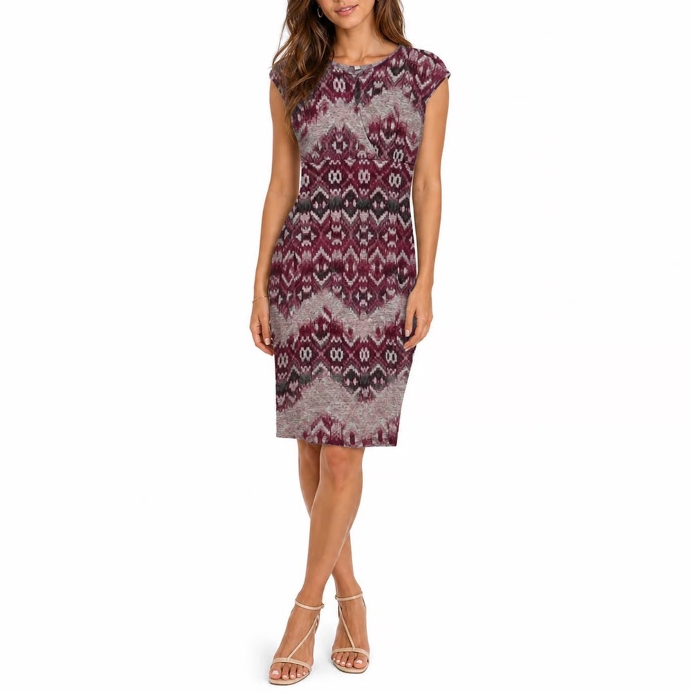 Jones Studio Separates Burgundy Ikat Geometric Cap Sleeve Midi Sheath Dress M